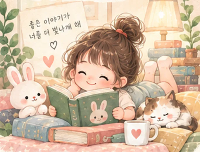 아이가 책을 읽는 수채화 그림