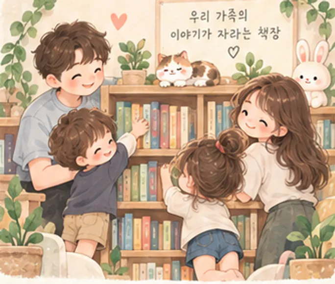 가족이 함께 책장 앞에서 책을 고르는 수채화 그림