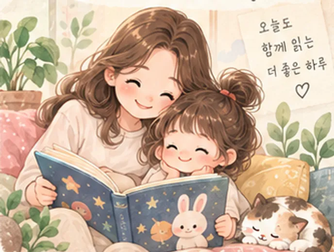 엄마와 아이가 함께 그림책을 읽는 수채화 그림