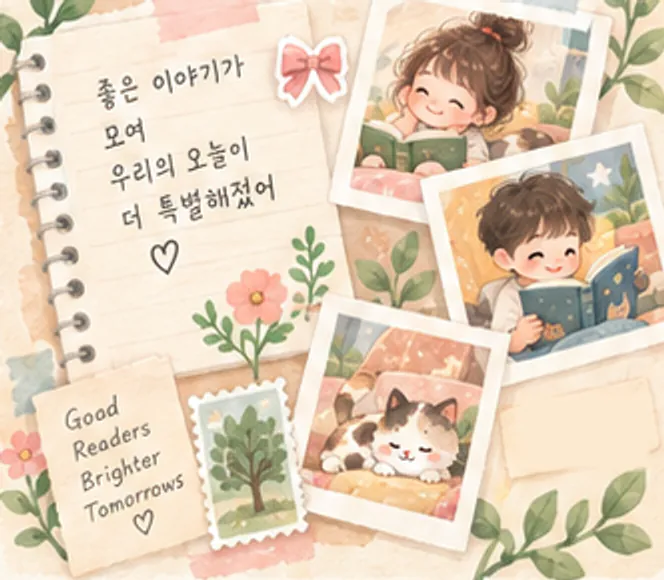 아이들 사진과 메모가 붙은 스크랩북 그림